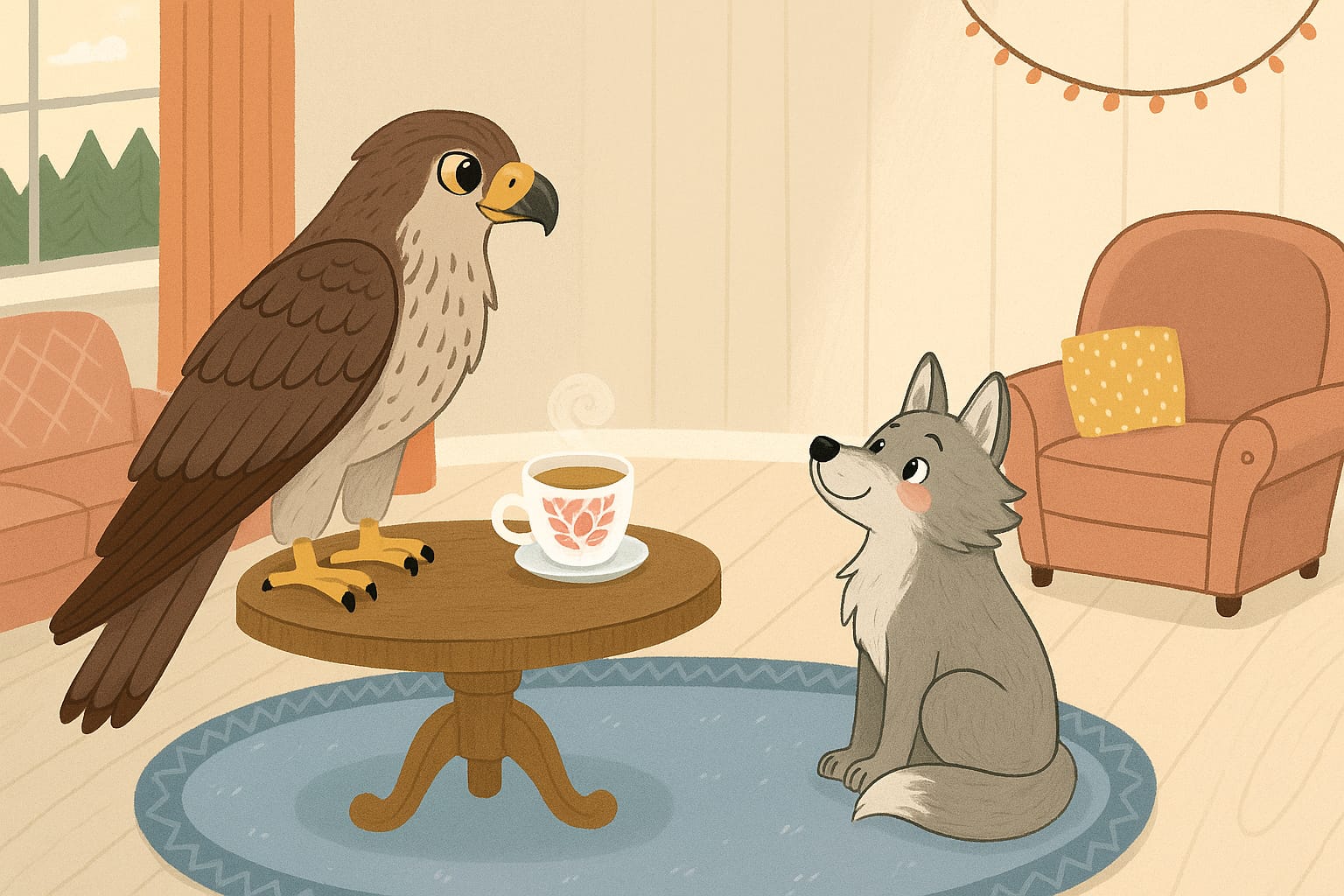 Imagen tipo cartoon, en un salón rural con un sillón y un sofa. Un halcón se posa sobre una mesa en la que hay una taza de tera y mira a un pequeño lobo sentado en el suelo.